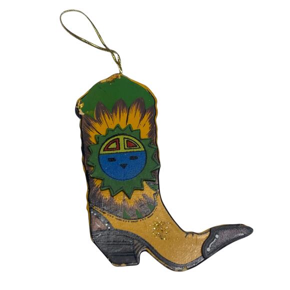 Vintage Handcrafted Wooden Cowboy Western Boot Christmas Ornament Double Sided - Picture 7 of 7